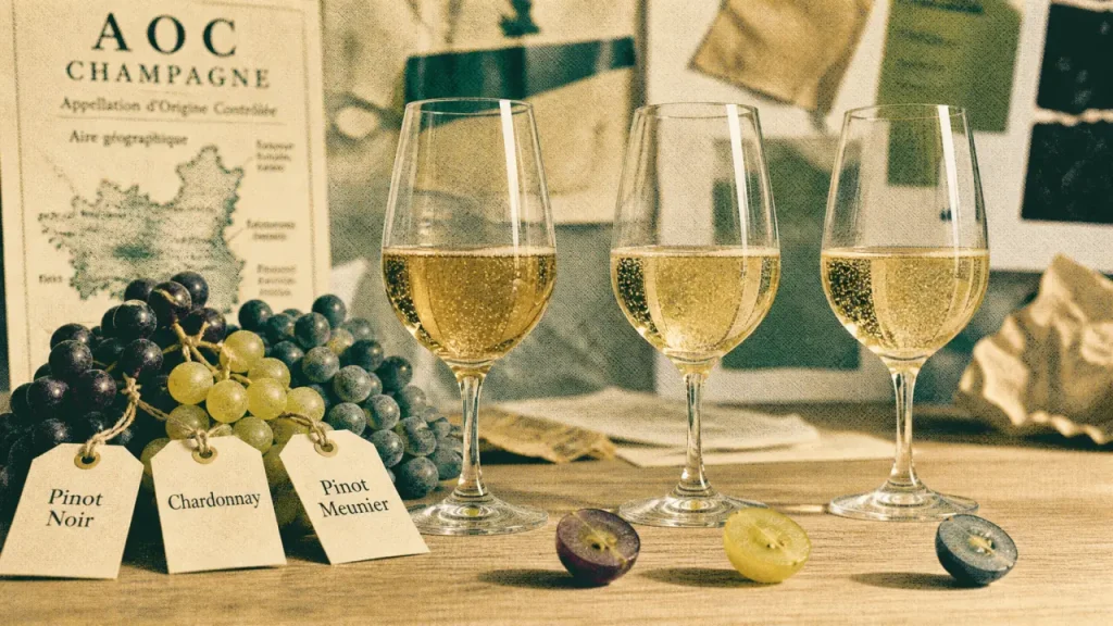 cepage champagne : Pinot Noir, Chardonnay, Meunier, verres de champagne