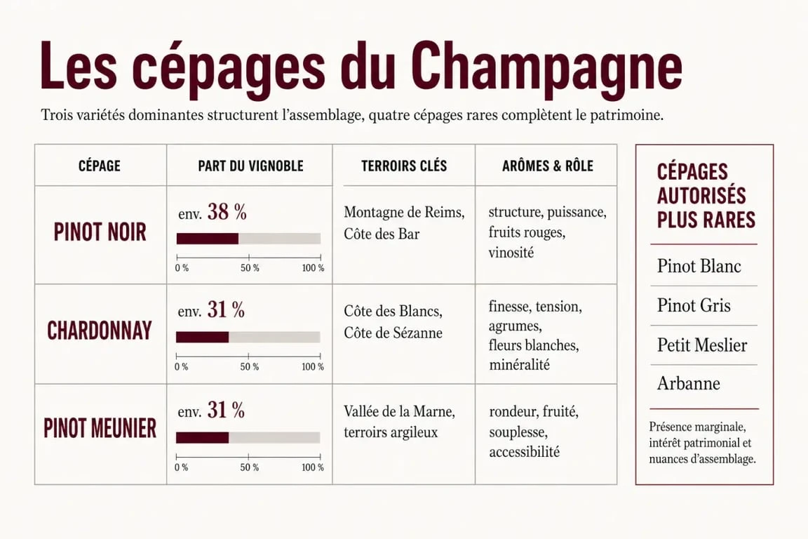 Cépage champagne : tableau comparatif des cépages principaux et des cépages rares autorisés en Champagne