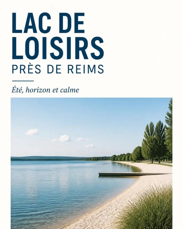 Panorama d’un grand lac près de Reims pour une sortie reims lac, avec plage aménagée et horizon dégagé