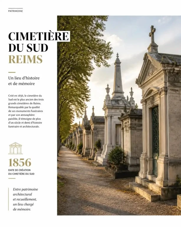Vue des monuments funéraires historiques du cimetière du Sud à Reims