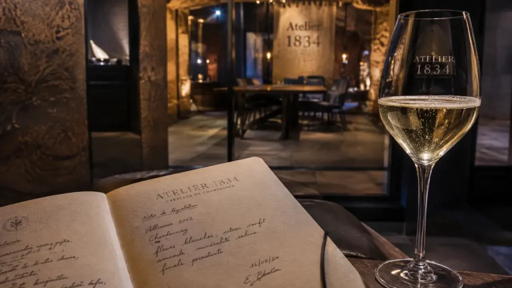 Atelier 1834 - Champagne Boizel : carnet de dégustation et verre en cave