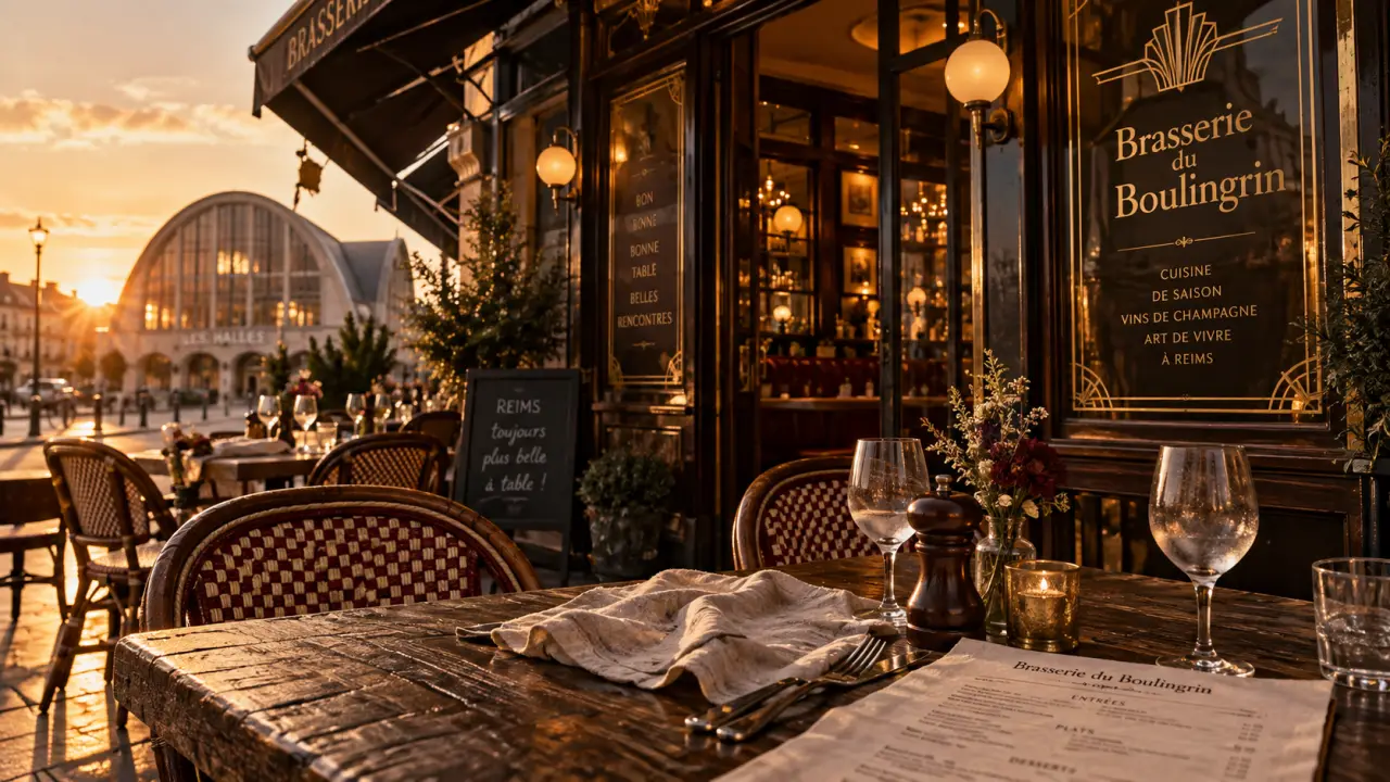 Brasserie boulingrin restaurant reims face aux Halles, terrasse en bois et façade