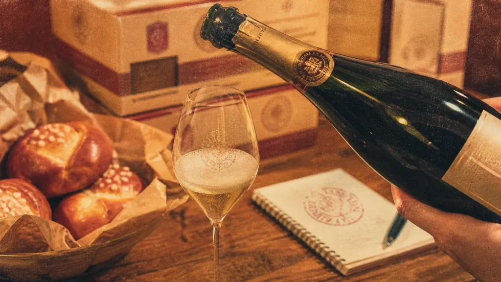 Champagne Castelnau, bouteille et verre sur lies, vins de réserve