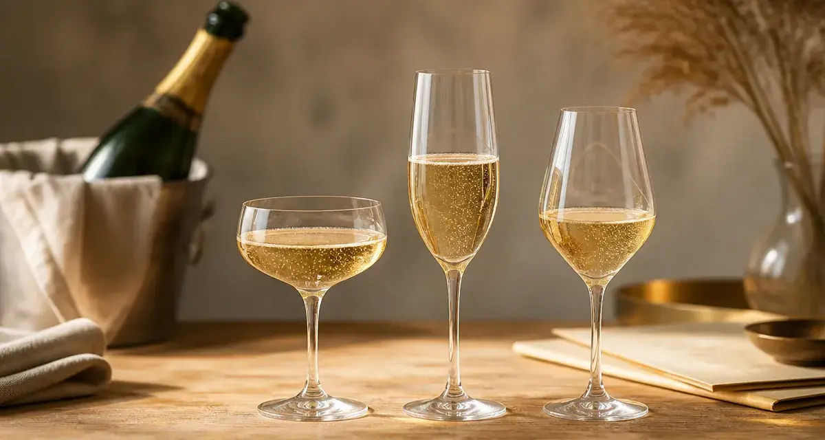 Coupe de champagne et verres tulipe : bulles de champagne doré