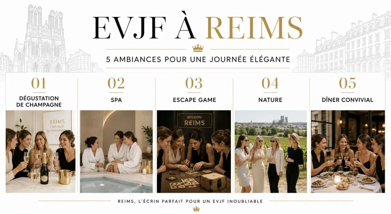 Enterrement de vie de jeune fille reims : comparatif visuel des activités EVJF à Reims entre champagne, spa, escape game et sortie nature