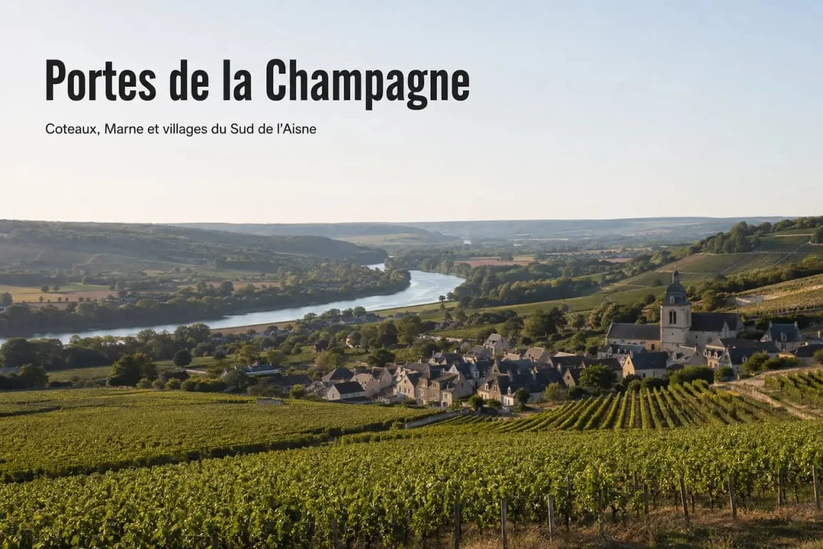 Paysage des Portes de la Champagne avec vignoble champenois et vallée de la Marne