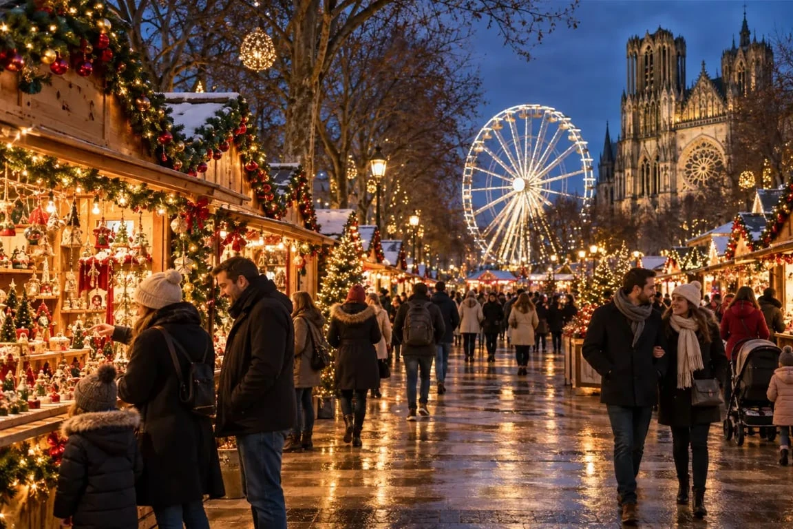 Marché de Noël de Reims illuminé sur les Hautes Promenades
