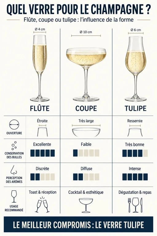 Infographie comparative des verres flute champagne, coupe et tulipe selon les bulles et les arômes