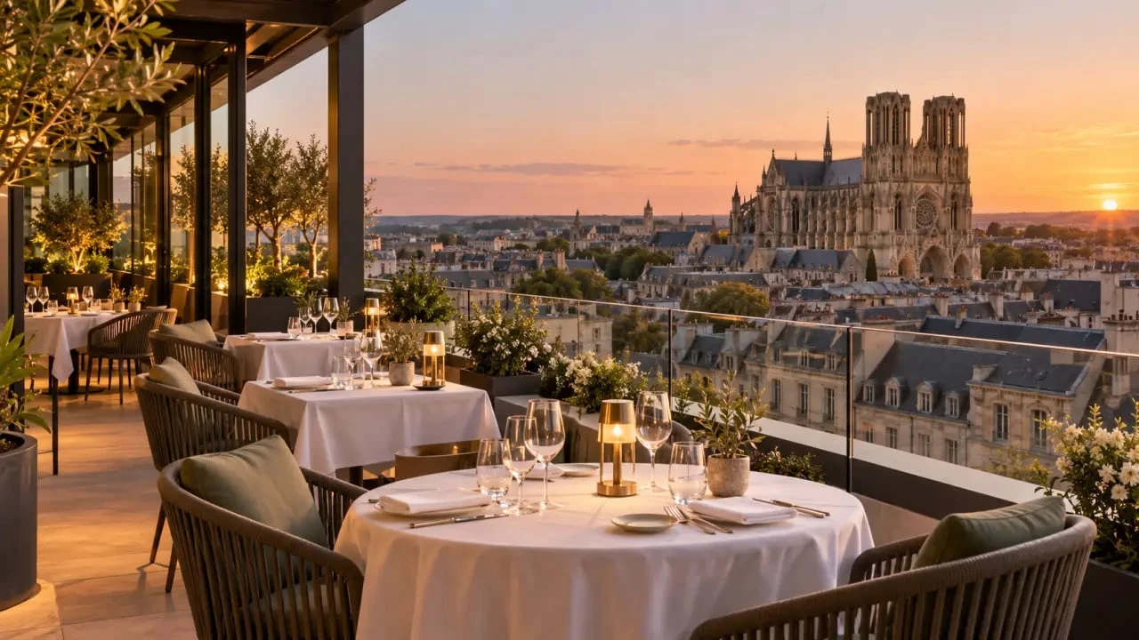 Terrasse panoramique du restaurant Il Duomo Reims avec vue sur la cathédrale