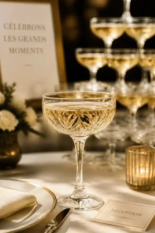 Coupe de champagne en cristal servie lors d'une réception festive