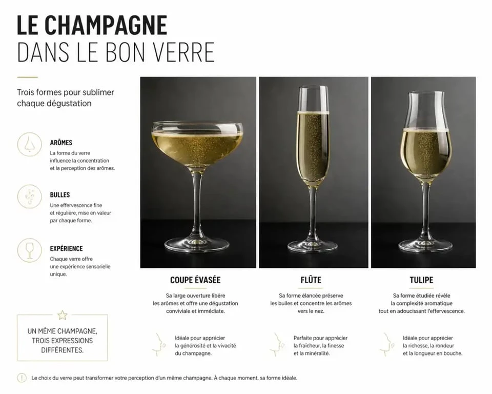 Comparaison coupe de champagne, flûte et verre tulipe côte à côte