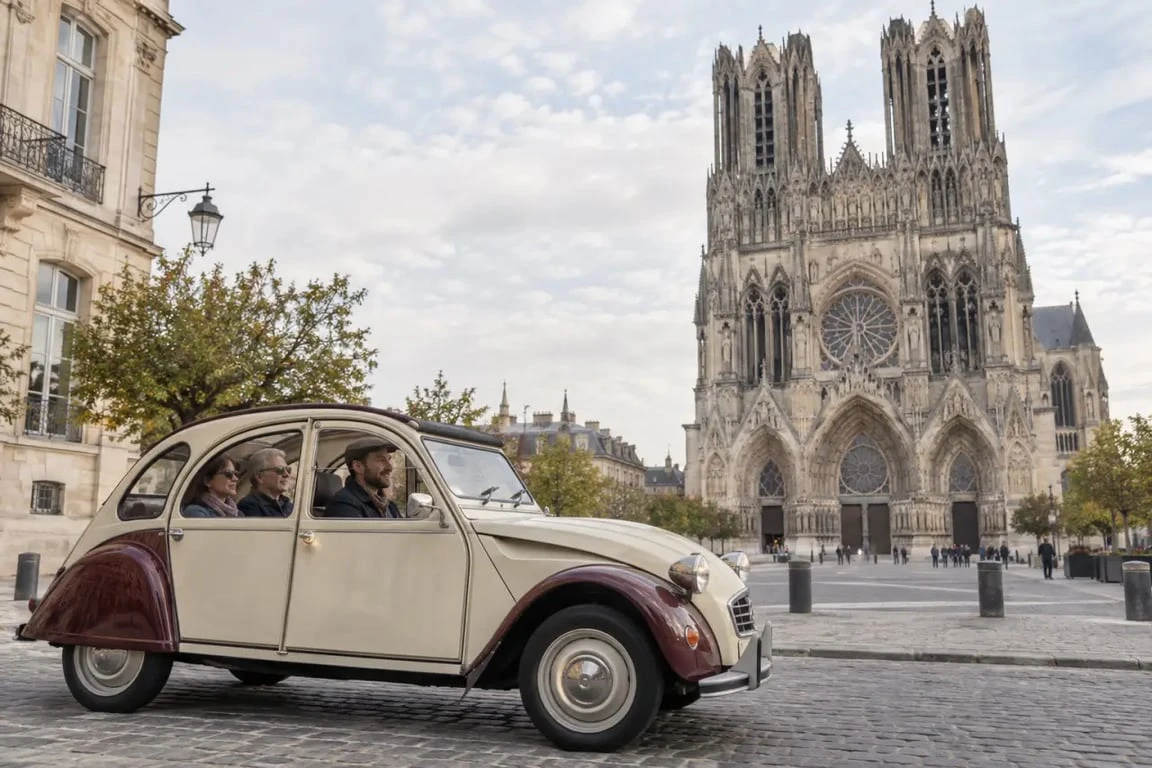 Visiter Reims en 2CV devant la cathédrale Notre-Dame de Reims