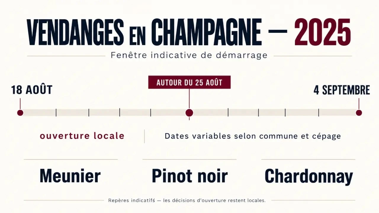 Infographie des dates vendanges Champagne 2025 du 18 août au 4 septembre