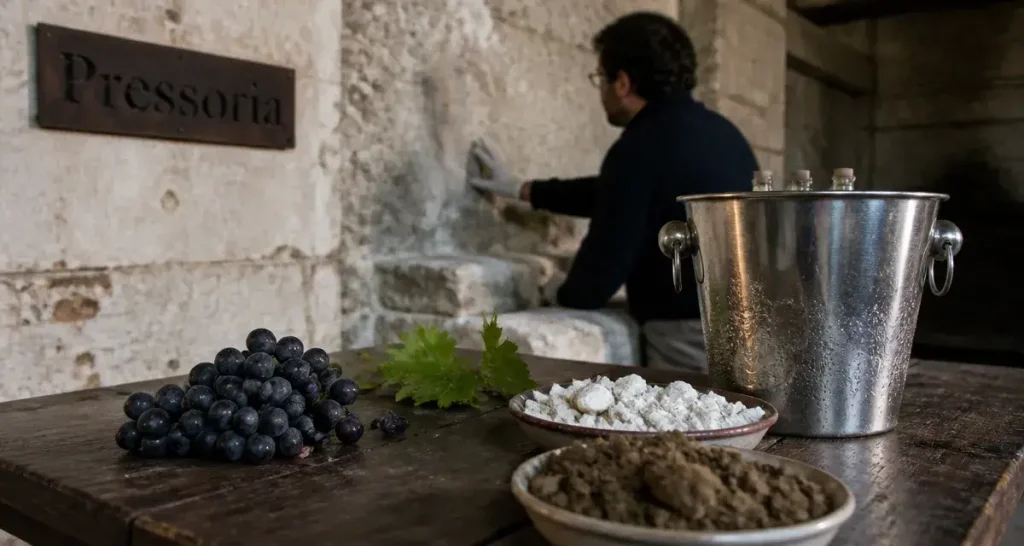 Pressoria voyage sensoriel au coeur du champagne : craie humide, raisins Pinot noir et table inox à Aÿ-Champagne