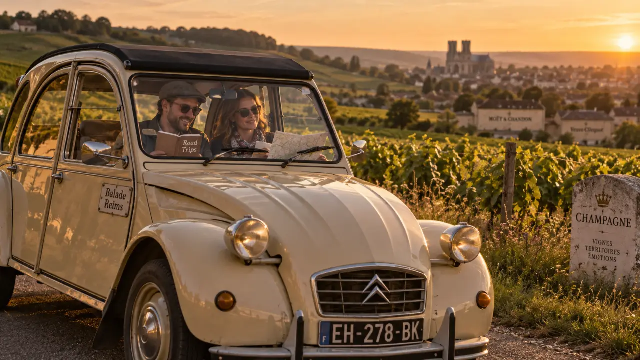 Visiter Reims 2CV : 2CV beige près des vignes, golden hour