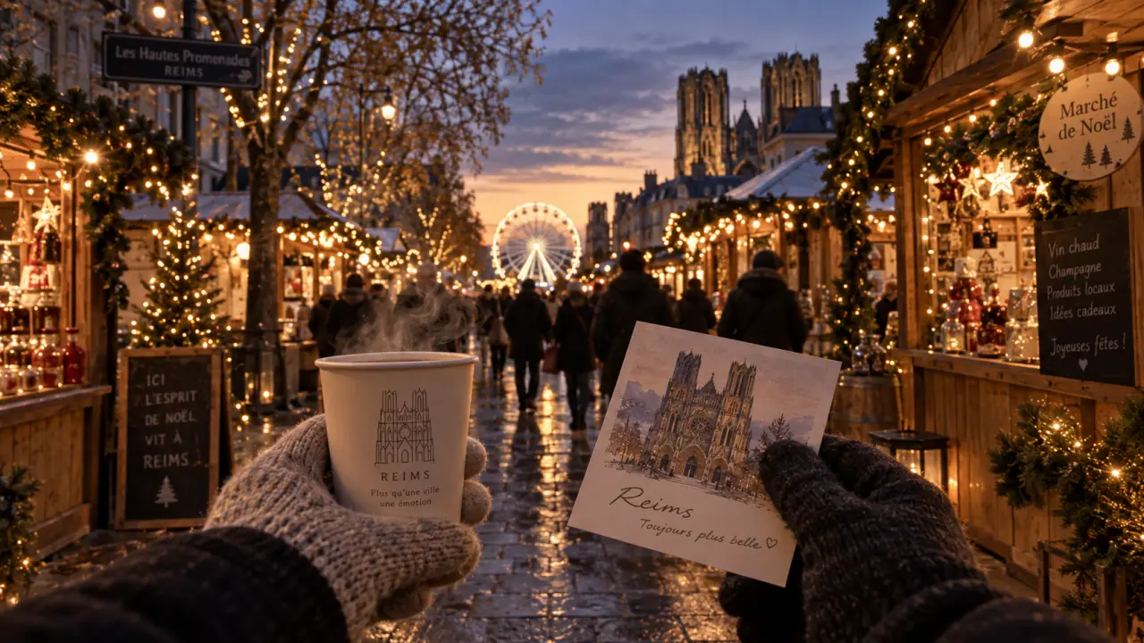 Visiter Reims à Noël : gobelet fumant et marché éclairé