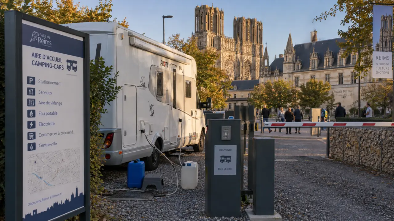 Visiter Reims en camping car : camping-car à l’aire, cathédrale Notre-Dame au fond