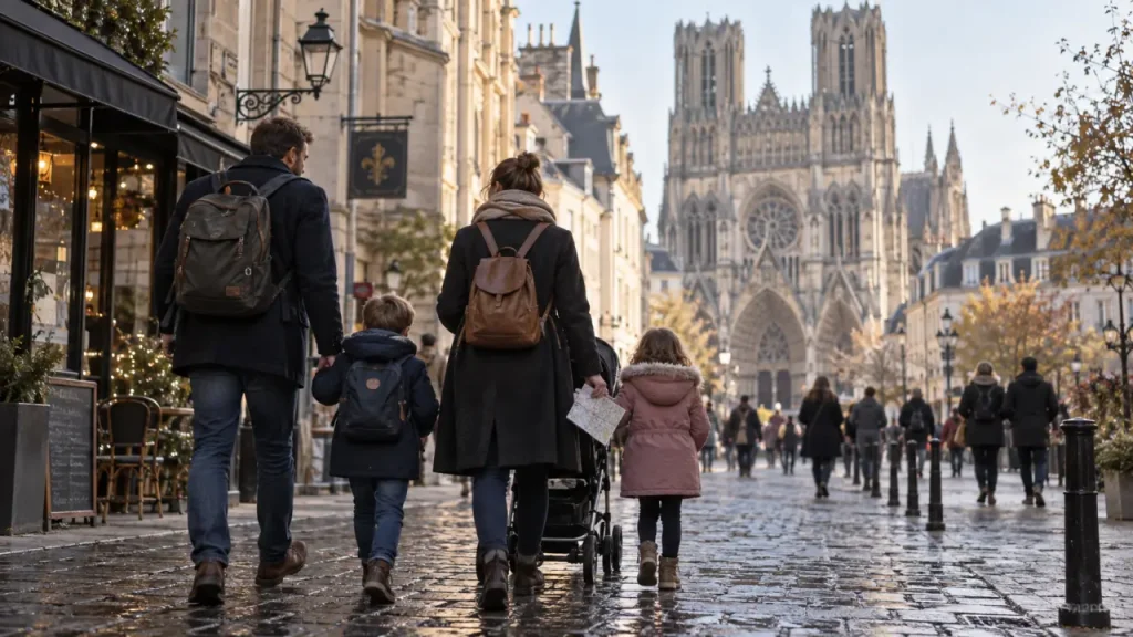 Visiter Reims en famille : famille à pied vers la cathédrale Notre-Dame de Reims