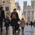 Visiter Reims en famille : famille à pied vers la cathédrale Notre-Dame de Reims