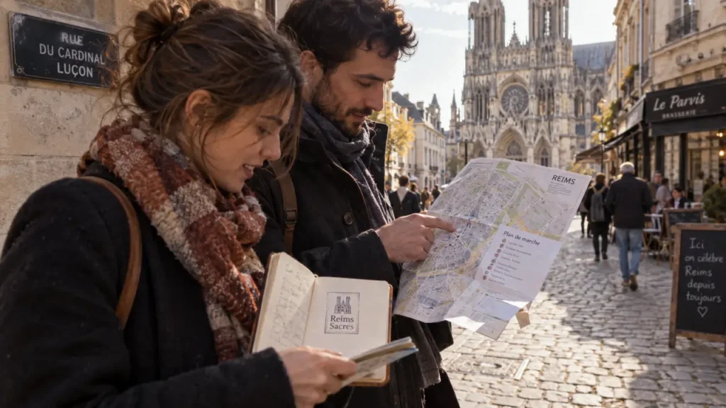 Visiter reims en un jour : couple devant la cathédrale Notre-Dame de Reims, Reims Sacres