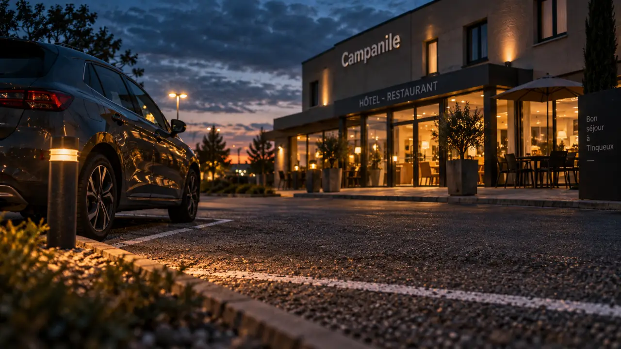hôtel restaurant campanile reims ouest - tinqueux, façade au crépuscule depuis un parking